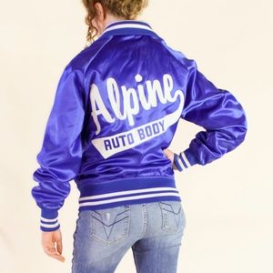 Blue Satin Bomber Jacket Striped Baseball Coat